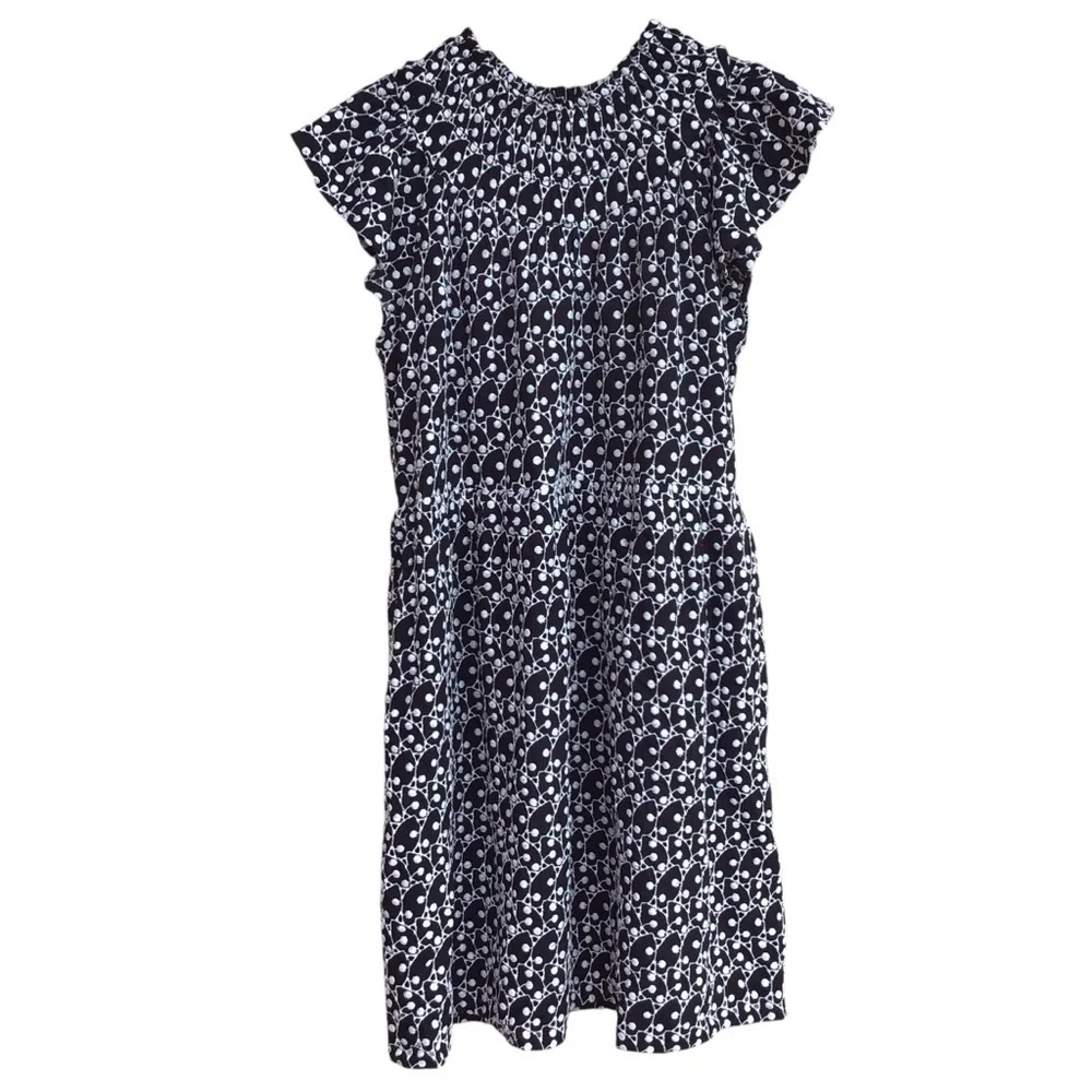 Loft Black White Eyelet Smocked Yoke Cap Sleeve Swing Dress Size SP NEW - Picture 5 of 11